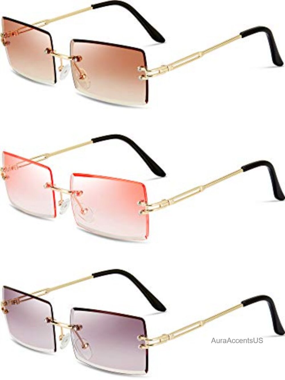 3 Pc Rimless Rectangle Sunglasses UV Gradient Retro Frameless Eyewear